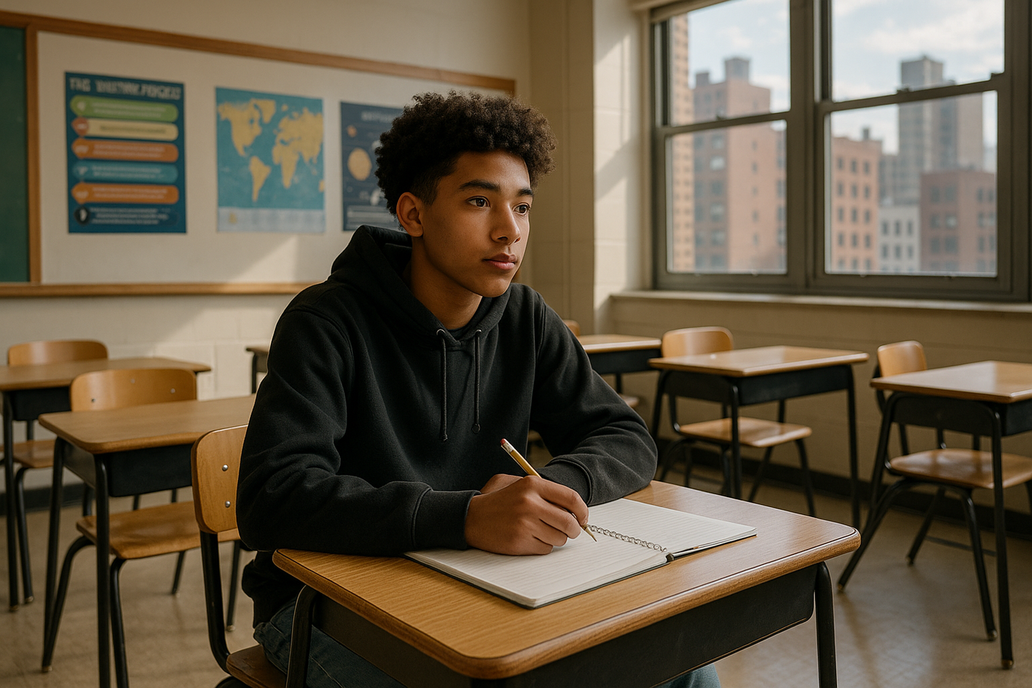 inner city teen sitting in a classroom