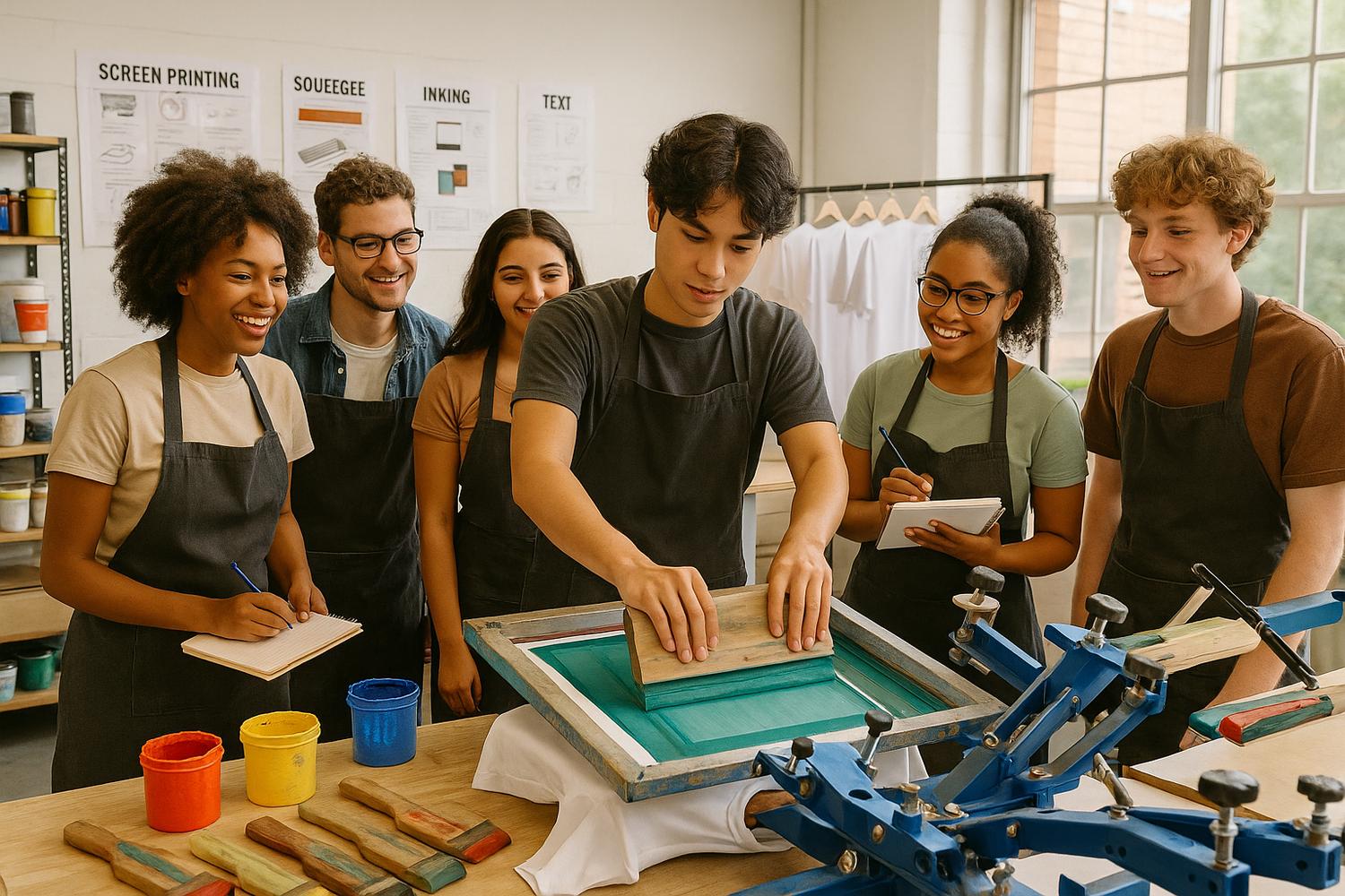 young adults learning how to print t shirts